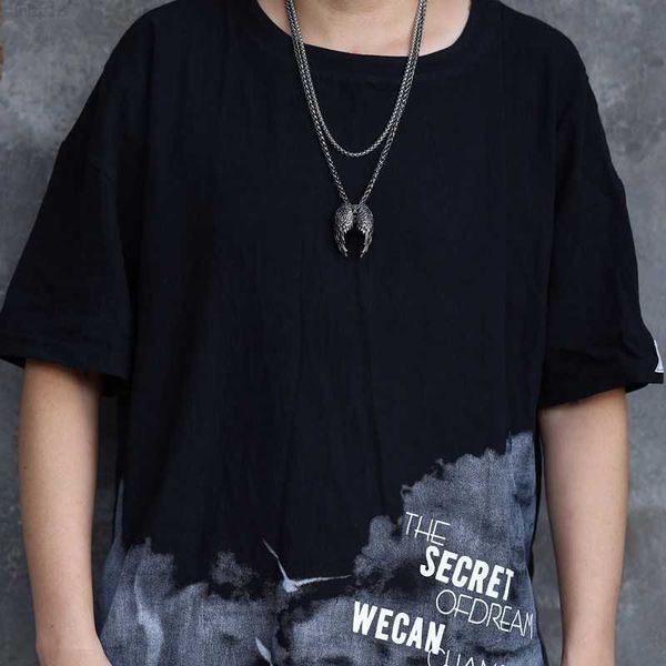 

european and american angel wings men's necklace trendy titanium steel retro personality pendant punk hip hop chain long style trendy m, Silver