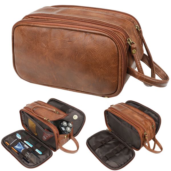

cosmetic bags cases water-resistant pu leather toiletry bag for men travel wash bag shaving dopp kit bathroom makeup organizer with wet dry