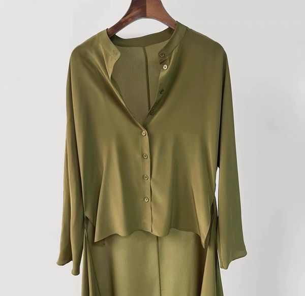 

2023 silk dress cardigan standing neck half wrap lace up commuter long sleeve dress, Black;gray