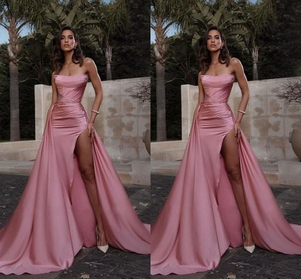 

pink mermaid prom dresses long for women plus size strapless high side split pleats draped floor length evening party birthday gowns special, Black