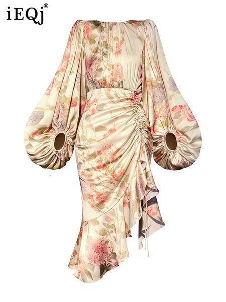 

casual dresses ieqj floral print midi dress female clothing o-neck lantern sleeve irregular mermaid dresses for women spring 3w4395 230515, Black;gray