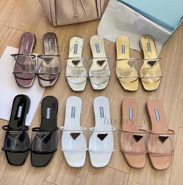 

designer slippers transparent pvc sandals women printed plexiglass heels summer slides leather sole inside metal flats, Black
