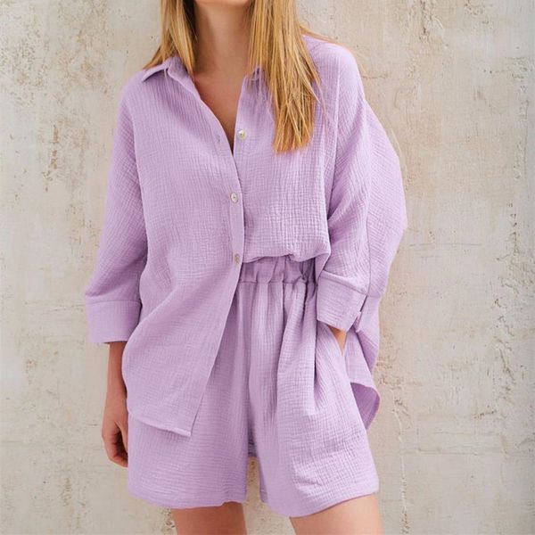 

women's sleepwear 100% cotton women's pajamas set crepe full sleeve button shirtshorts matching sets pocket breathable sleepwear p, Black;red