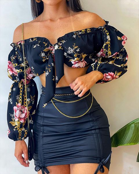 

two piece dress flowers print slash neck long sleeves crop skirts 2 pcs set slim summer fashion outfit streetwear dress sets 230512, White
