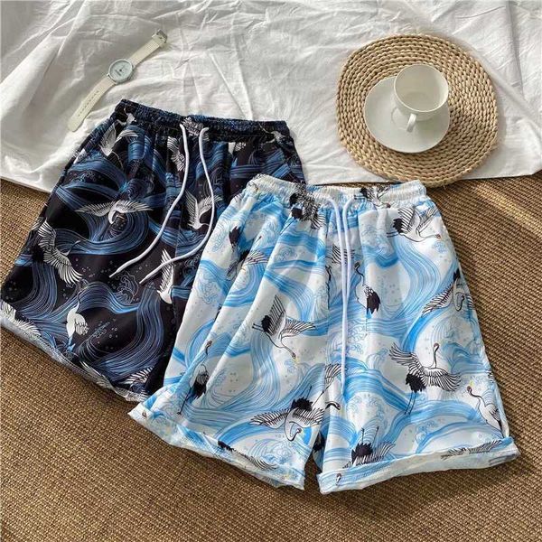 

men's clothing hawaiian beach pants fashion brand summer loose capris korean version trend crane casual shorts for outwear, White;black