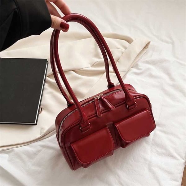 

solid zipper fashion armpit casual shopping bags retro double designer pocket shoulder portable pu leather ladies purses