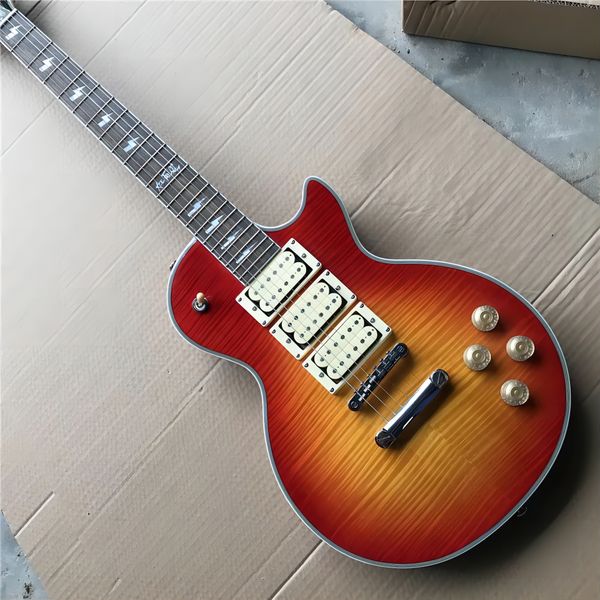 

custom shop ace frehley budokan signature cherry sunburst flame maple electric guitar three pickups, lightening bolt inlay258