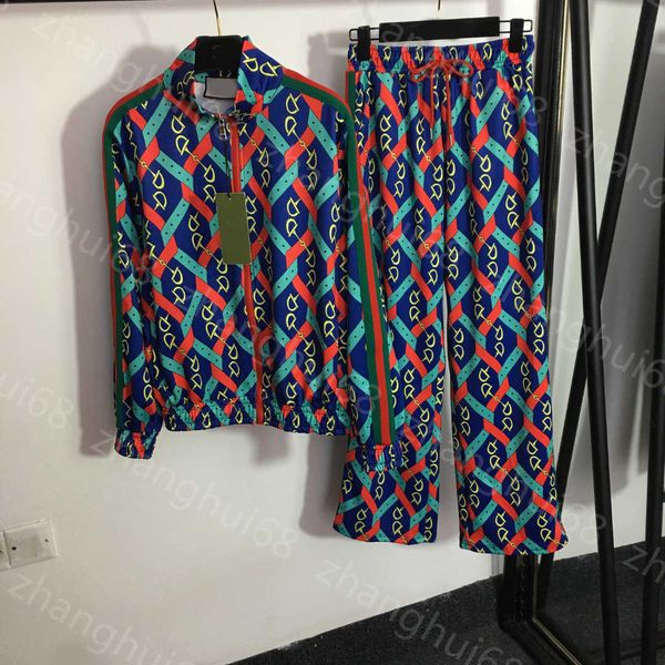 

23ss womens designer clothing women tracksuit belt printed stand-up collar long sleeve zipper coat elastic high waist wide leg trousers set, Gray