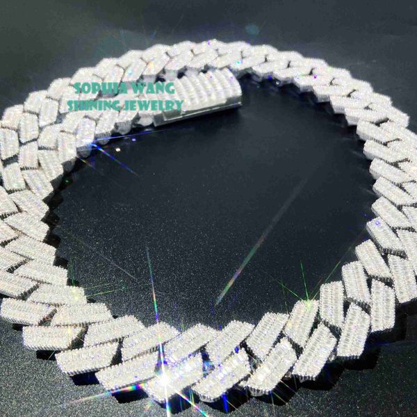 

bulk size 20mm double row baguette men necklace cool design vvs moissanite diamond cuban link chain, Silver