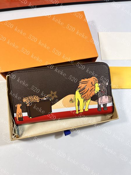 

new fashion men purse card women clutch lady ladies long wallet leather single zipper wallets luxury grain calfskin lining with lion pattern, Red;black