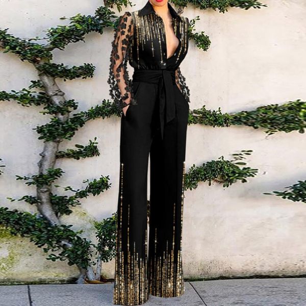

women's two piece pants pockets women jumpsuit patchwork jumpsuit belt flower decor net yarn sleeve turn-down collar color lady jumpsui, White