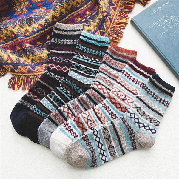 

5 pairs retro womens mens winter thermal socks warm soft wool thick nordic sock retro comfortable male socken, Black