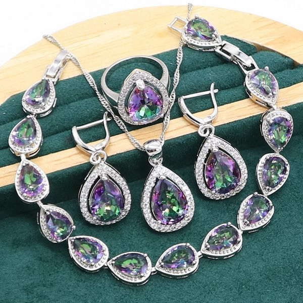 

wedding jewelry sets water drop rainbow z 925 silver wedding jewelry set for women party bracelet earrings necklace pendant ring 230512, Slivery;golden
