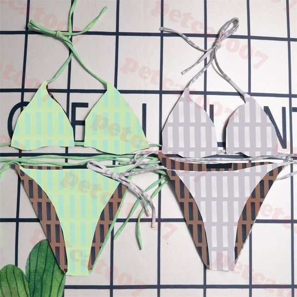 

womens letter printed bikini set light green double sided swimwear gray split swimsuit