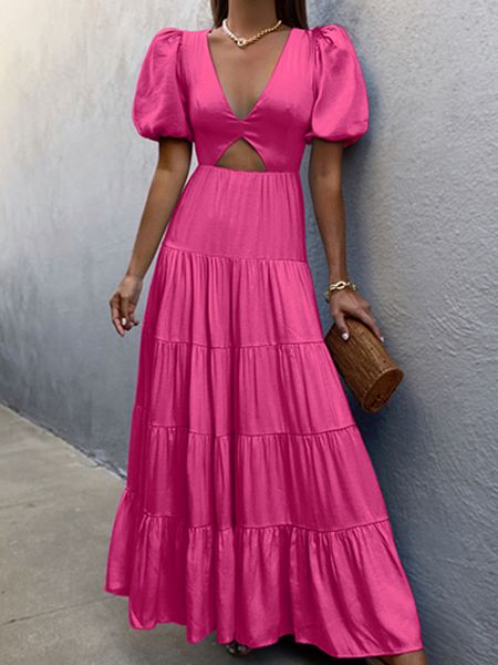 

casual dresses women elegant deep v neck puff sleeve maxi dress solid hollow out backless party dress summer casual folds beach dress 230515, Black;gray