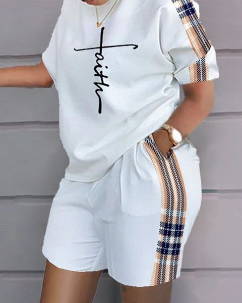 

women's two piece pants summer women's suit fashion round neck printing short-sleeved t-shirt shorts casual sportsmanship commutin, White