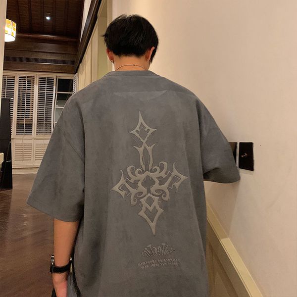 

mens tshirts suede short sleeved tshirt men summer trendy brand loose youth half american retro five quarter t shirt y2k 230512, White;black