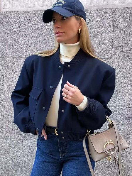 

women's jackets traf 2023 mode jaket bomber wanita dengan saku musim semi mantel lengan panjang kasual baru di luaran atasan chic 23051, Black;brown