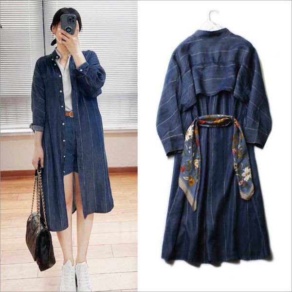 

2023 summer new wang mingxing same casual loose fitting single breasted striped lapel long shirtqifdxp2u, White