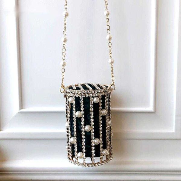 

shoulder bags cylindrical pearl rhinestone evening women luxury small metal cage party purse ladies beaded chain bucket bag new 230426