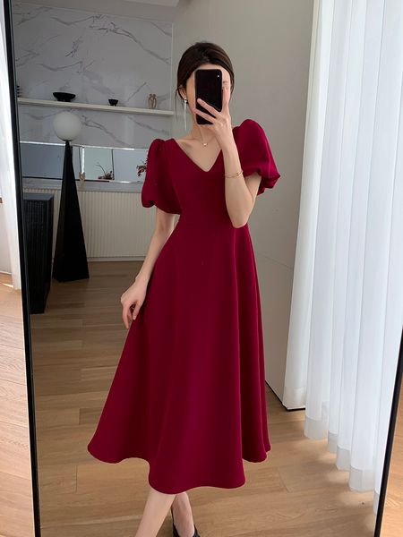 

casual dresses summer elegant v neck puff sleeve red dress for women casual a line wedding birthday party vestidos fashion female clothing 2, Black;gray