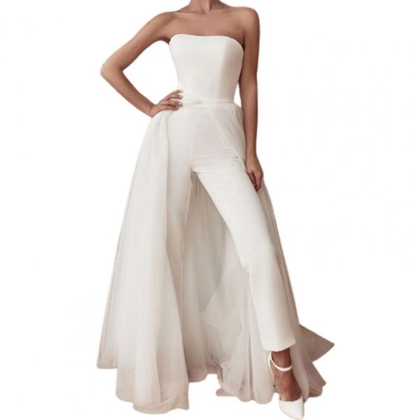 

women's two piece pants stylish white backless tulle jumpsuit women strapless jumpsuit solid color slim asymmetry sleeveless bodysuit s