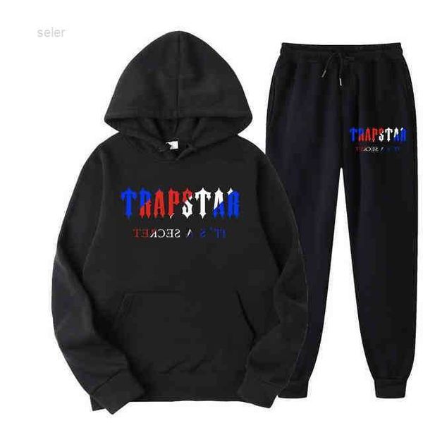 

classic mens t shirts tracksuit trapstar menst sportswear sweatshirt letter print warm two pieces set loose hoodies sweat pants jogging hood, Black