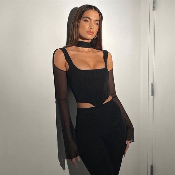 

t-shirt 2022 fashion hollow halter crop women long sleeve see through backless tshirt street cold shoulder exposed navel tee, White