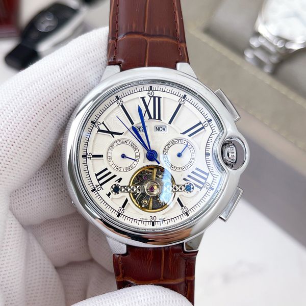 

luxury men's watch stainless steel, calf leather strap, hollow mechanical watch, full function, dual calendar, business and leisure men, Slivery;brown