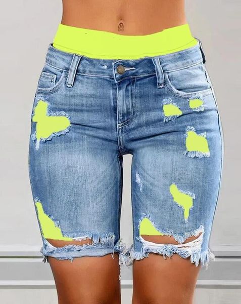 

women's shorts elegant summer fashion women's colorblock letter print ripped 2-in-1 denim skinny shorts female casual bottom 23051, White;black