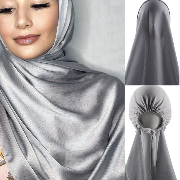 

hijabs instant muslim women crinkle satin silk hijab with bonnet caps hijabs scarves satin crinkle scarf with underscarf inner caps 230515, Blue;gray