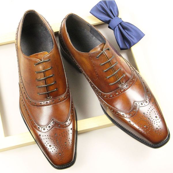 

mens four seasons brogue shoes british casual retro hand-carved business dress pointed shoes premium genuine leather shoes, Black
