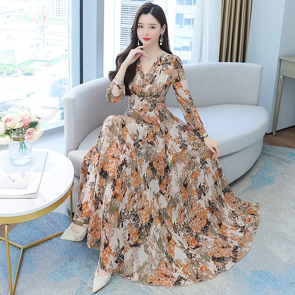 

printed long sleeved dress for women's spring and autumn new long style slim and meat covering temperament, waist wrapped large swing l, Black