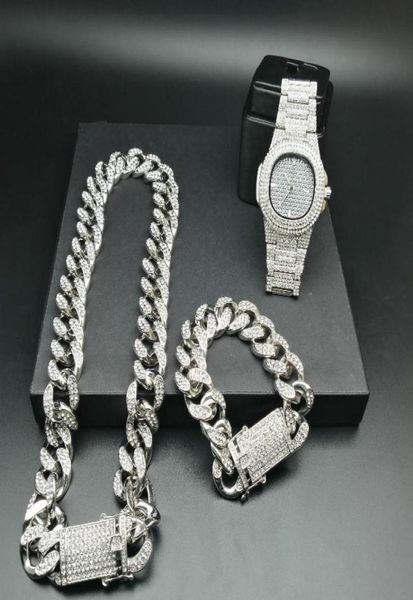 

2cm hip hop gold color iced out crystal miami cuban chain gold silver men watch necklace bracelet set hip hop king new3386243