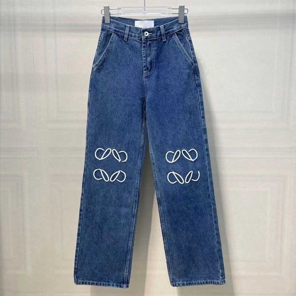 

womens jeans designer pants fashion embroidery pattern straight slacks loose cotton fabric denim trousers pants, Blue