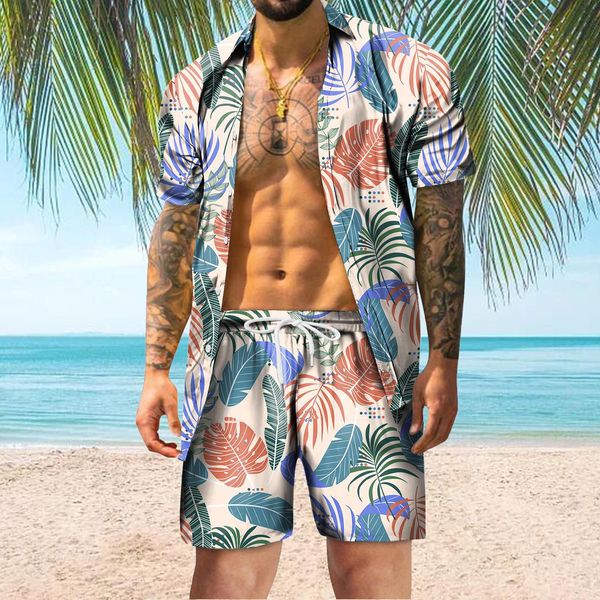 

mens tracksuits hawaiian beachwear 2 piece set bohemian tracksuit leaf print sets lapel collar short sleeve ensemble homme vacation 230512, Gray