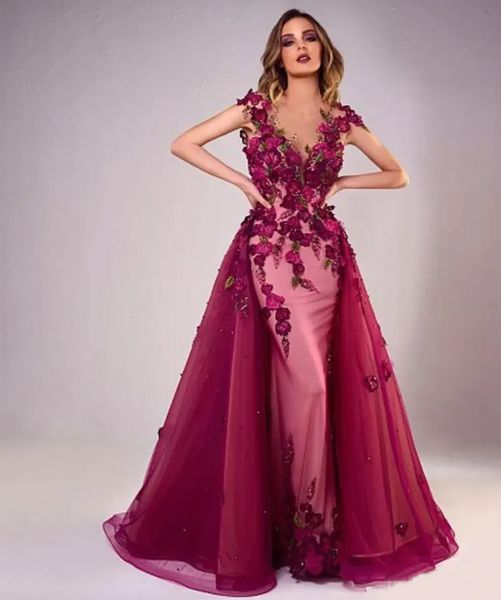 

new burgundy evening dresses mermaid scoop floor-length detachable train 3d floral appliques beaded tulle long plus size prom party gown, Black
