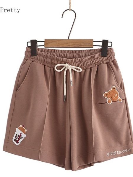 

women's shorts cartoon bear embroidery cotton shorts women summer clothing sweet style kawaii girls cute short pants drawstring bottoms, White;black