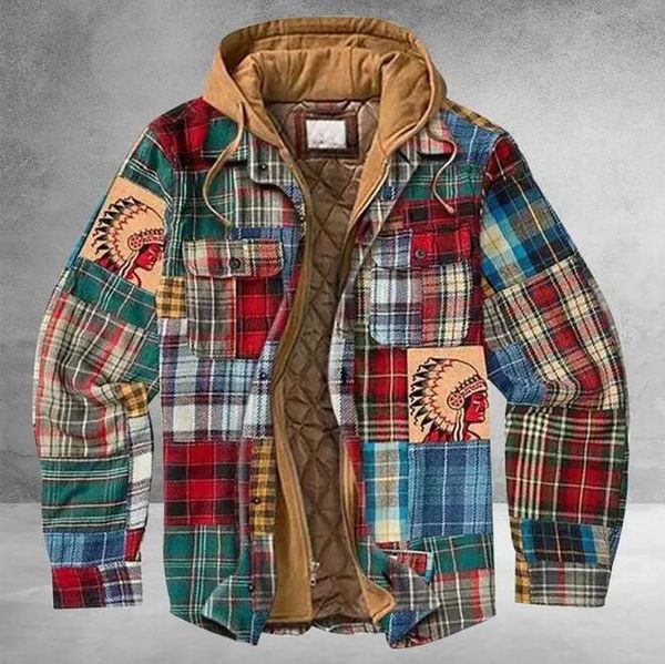 

men's jackets men retro vintage spring winter long sleeve plaid shirt jacket for checked coat overcoat hooded pocket, White;black