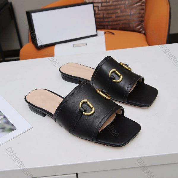 

luxury slipper designer woman sandal man slide fashion summer beach sandal horsebit gold-toned high heel leather letter slides, Black