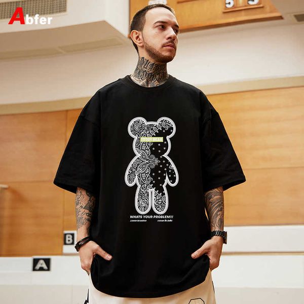 

men's t-shirts abfer 2022 summer half sleeve oversized t shirt men hip hop t- shirts bear printed graphic t shirts streetwear couple cl, White;black