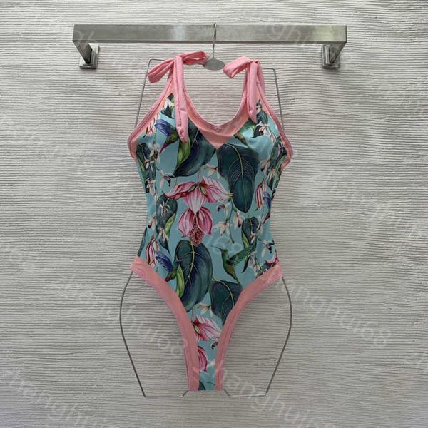 

23ss womens bikini designer bathing suit bikini swimwear womens swimwear contrasting color birdie flower printed v-neck lace-up one-piece sw, White;black