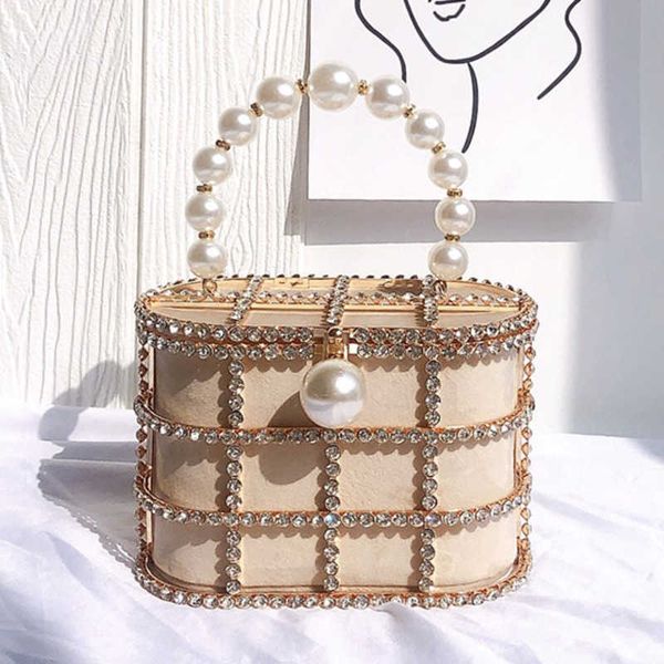 

evening bags bucket diamond handbag for women 2023 new fashion rhinestone solid color luxury designer pearl female bag 230427