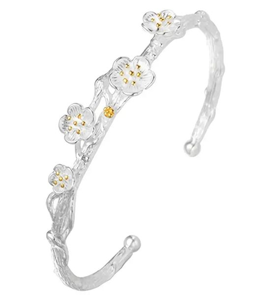 

925 silver plated copper creative plum blossom open cuff bangle bracelet - perfect valentine's day gift, Golden;silver