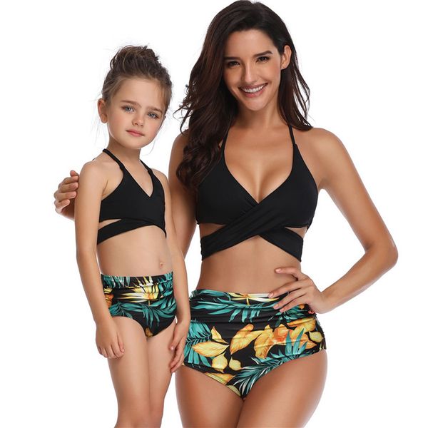

parent-child swimwear printed high waisted bikini with ruffled edges mother and daughter swimsuit, Blue
