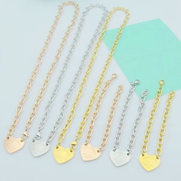 

designer women's bracelet necklace set classic peach heart pendant jewelry fashion luxury girl holiday gift with box, Golden;silver