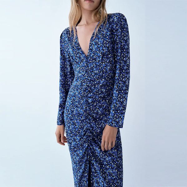 

casual dresses printed floral long dress women sleeved slim midi autumn vintage v neck pleated fashion vestidos 230512, Black;gray