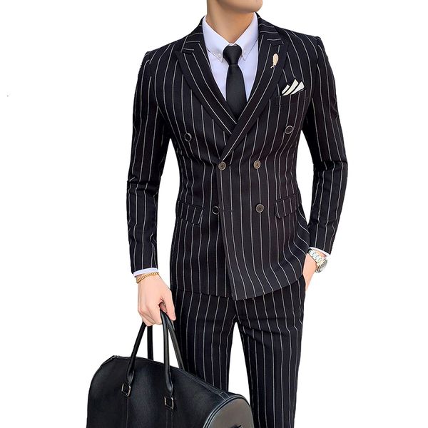 

men's suits blazers luxury men's striped wedding casual tuxedo men's british slim suit 2pcs men's quality business socia, White;black