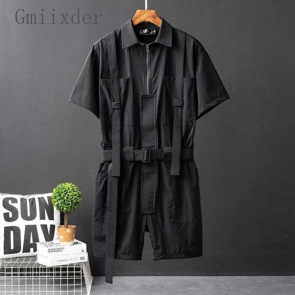 

mens tracksuits black casual workwear jumpsuits men korean high street youth loose fitting short sleeved allinone suit safari cargo half pan, Gray