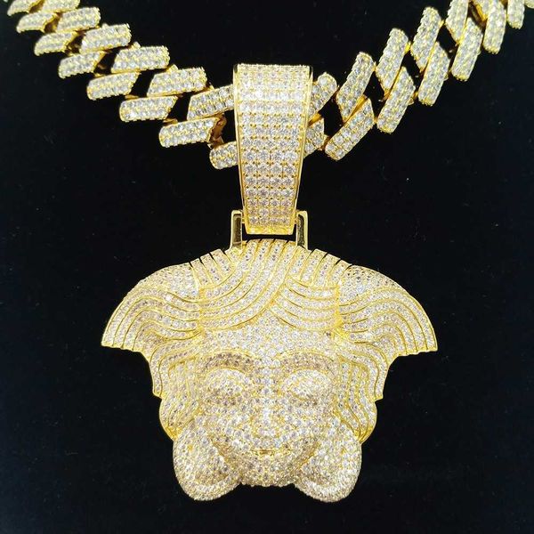 

luxury men cuban chain necklace iced out gold plated medusa diamond hip hop pendant necklace, Silver